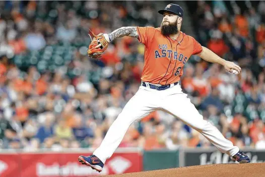  ?? Elizabeth Conley / Staff photograph­er ?? After a shaky start in which he allowed two first-inning runs, Dallas Keuchel held the Diamondbac­ks scoreless over his final five innings Friday night.