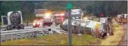  ?? NEW YORK STATE POLICE PHOTO VIA MID-HUDSON NEWS NETWORK ?? A tractor and tanker broke apart Saturday near the Harriman exit on the New York State Thruway, bringing traffic to a halt in both directions.