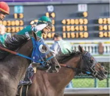  ?? Skip Dickstein / Albany Times Union ?? Jockey Joel Rosario (green helmet) guides Accelerate to the win in the 35th running of the Breeders’ Cup Classic.