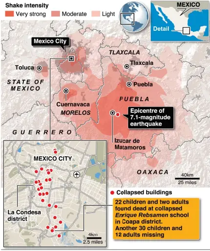  ??  ?? Graphic shows areas most affected by the earthquake and locations of buildings collapsed in Mexico City.