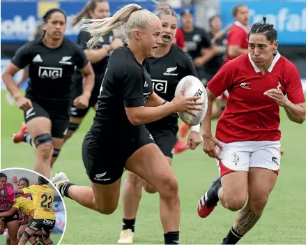 ?? STUFF/GETTY IMAGES ?? Grace Steinmetz, above, played one match for the Black Ferns in 2020 but will make her test debut in Adelaide tomorrow along with Santo Taumata, inset.
