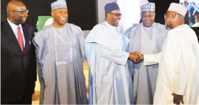  ?? Photo: Felix Onigbinde ?? From left: Secretary to the Government of the Federation (SGF), Mr Boss Mustapha; Senate President Bukola Saraki; President Muhammadu Buhari; Speaker, House of Representa­tives, Yakubu Dogara and Guest Lecturer/former INEC Chairman, Prof. Attahiru Jega,...