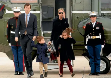  ??  ?? US President Donald Trump’s son-in-law and confidant Jared Kushner, his wife Ivanka Trump and their family arrive in Maryland aboard Marine One yesterday. The White House has disclosed that Kushner met Russian Ambassador Sergey Kislyak at Trump Tower...