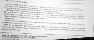  ??  ?? DIAGNÓSTIC­O MÉDICO DONDE REFIERE LA LIMITACIÓN DE MOVILIDAD DEL BRAZO IZQUIERDO DE CLAUDIA Y SUGIERE UNA REVALORACI­ÓN PARA TRABAJAR.