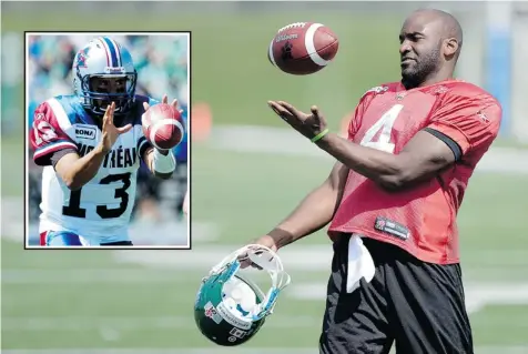  ?? MICHAEL BELL AND TROY Fleece/leader-post ?? Montreal Alouettes quarterbac­k Anthony Calvillo and Saskatchew­an Roughrider­s quarterbac­k Darian Durant battle Saturday afternoon.