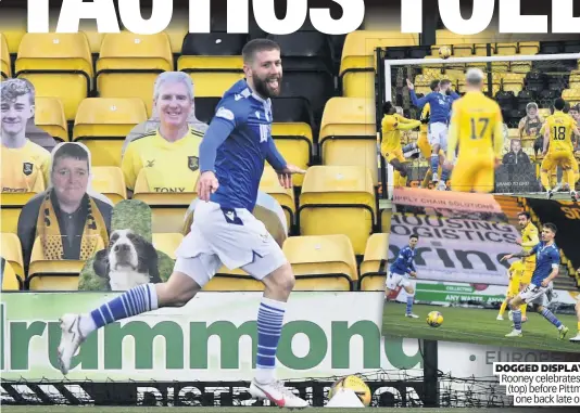  ??  ?? DOGGED DISPLAY Shaun Rooney celebrates his goal (top) before Pittman pulls one back late on for Livi