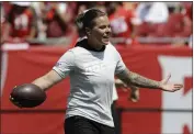  ?? CHRIS O’MEARA — THE ASSOCIATED PRESS FILE ?? San Francisco 49ers offensive assistant coach Katie Sowers works on the field before a game against the Tampa Bay Buccaneers on Sept. 8, 2019, in Tampa, Fla. Sowers is parting ways with the 49ers.