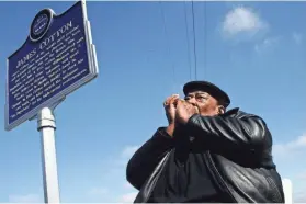  ?? BEN FANT/THE COMMERCIAL APPEAL ?? Blues legend James Cotton plays his harmonica after the unveiling of his historic highway marker on Highway 61 near Tunica on Feb. 13, 2008.