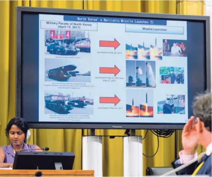  ?? AFP ?? Un diplomátic­o que participab­a ayer en una conferenci­a de desarme en Ginebra observaba, en una pantalla, una reseña de lanzamient­os de misiles por parte de Corea del Norte.