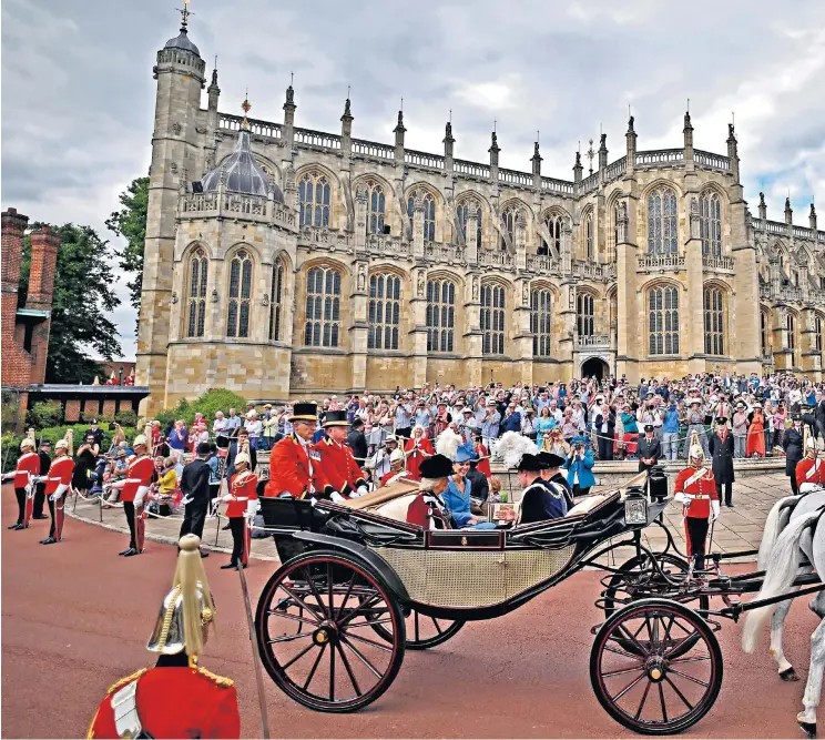  ?? ?? Main picture: the Prince of Wales and Duchess of Cornwall leave St George’s Chapel with the Duke and Duchess of Cambridge following the Order of the Garter Service at Windsor Castle; left, the Prince and Duchess in their traditiona­l velvet robes and plumed hats for the annual procession; right, the Princess Royal