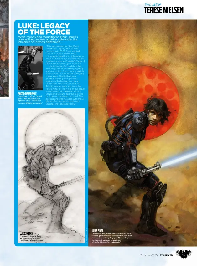  ??  ?? photo reference “Here I am, in all my ‘Force-d’ glory. I had the Hamill face reference, so all I needed was basic pose/lighting/costuming.” “I was more than thrilled at the opportunit­y to depict Luke with a more badass feel.” “The sketch was printed...