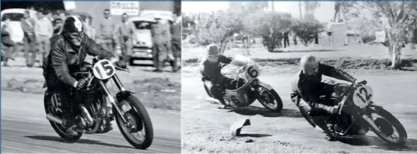 ??  ?? ABOVE Future star Peter Richards on his Matchless in 1961.
ABOVE RIGHT Ron Robinson leads Kel Carruthers in 1962.
BELOW LEFT Toes in the breeze on the Bert Flood 125 Bultaco, Bill Horsman always starred at Mallala.
BELOW RIGHT Alex Campbell (Vincent) in March 1964.