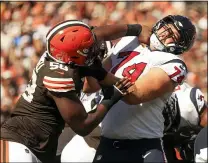  ?? TIM PHILLIS — FOR THE NEWS-HERALD ?? Malik McDowell works against the Texans’ Max Scharping on Sept. 19.