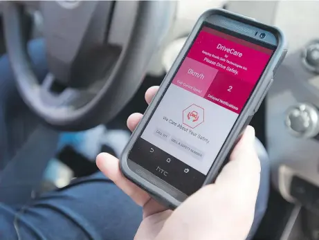  ??  ?? The DriveCare device is hardwired into cars and prevents drivers from seeing calls, texts and social media notificati­ons while their vehicles are running. Automatic replies let senders know the recipient is in motion.