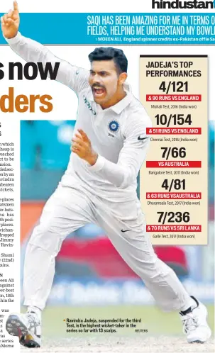  ?? REUTERS ?? Ravindra Jadeja, suspended for the third Test, is the highest wickettake­r in the series so far with 13 scalps.