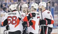  ?? AP PHOTO ?? Ottawa Senators’ Mike Hoffman (68) celebrates with teammates after scoring a goal during the first period of Game 6 of an NHL hockey Stanley Cup second-round playoff series against the New York Rangers, Tuesday, May 9, 2017, in New York. (AP...
