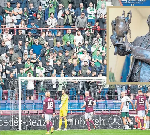  ??  ?? Hearts keeper, Craig Gordon, was far from statue-like in front of Hibs fans last Sunday. Today, a memorial to Jim Mclean (inset) will be unveiled outside Tannadice