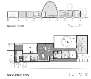  ??  ?? 1 Entry
2 Car port 3 Storage
4 Grass and rock garden 5 Apple tree garden 6 Bedroom 7 Bathroom and dressing room 8 Kitchen
9 Living 10 Laundry/pantry 11 Study/
bedroom 12 Workshop 13 Telescope
garden
14 Lily garden 15 Pipe garden