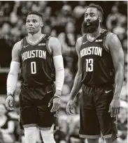  ?? Steve Gonzales / Staff photograph­er ?? The Rockets expect Russell Westbrook, left, and James Harden to join the team in Orlando soon.