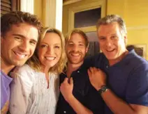  ??  ?? Left: Hugh Sheridan, Rebecca Gibney, Angus McLaren and Erik Thomson.
Below and bottom; Rebecca and Erik on set as Australia’s most beloved ‘mum and dad’, Dave and Julie.