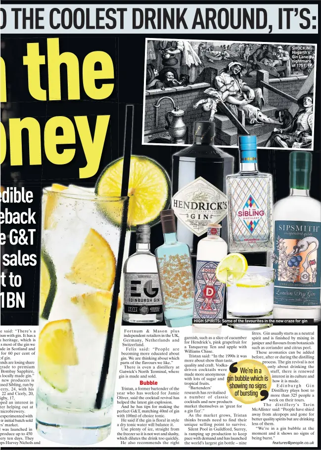  ??  ?? SHOCKING: Hogarth’s Gin Lane nightmare of 1751 HIGH SPIRITS: Some of the favourites in the new craze for gin