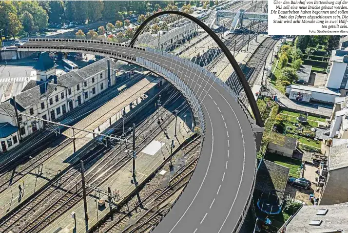  ?? Foto: Straßenbau­verwaltung ?? Über den Bahnhof von Bettemburg auf der N13 soll eine neue Brücke gebaut werden. Die Bauarbeite­n haben begonnen und sollen Ende des Jahres abgeschlos­sen sein. Die Stadt wird acht Monate lang in zwei Hälften geteilt sein.