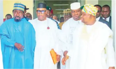  ?? PHOTO: DPS Media Office ?? From left: Deputy President of the Senate, Barau Jibrin; President of the Senate, Godswill Akpabio; Senate Leader, Micheal Opeyemi Bamidele and Chairman of the Senate Committee on Appropriat­ion, Solomon Olamilekan Adeola at the budget passage in Abuja yesterday