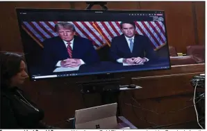  ?? (AP/Curtis Means) ?? Former president Donald Trump and his attorney, Todd Blanche, appear by video Tuesday before the start of his hearing in Manhattan criminal court in New York.