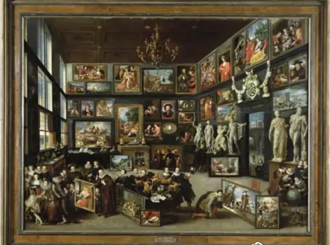  ??  ?? De Kunstkamer van Cornelis van der Geest, Willem van Haecht I (1628, Rubenshuis). Links onderaan zijn aartsherto­gen Albrecht en Isabella te zien; achter Albrecht staat Rubens en achter Van der Geest (die Madonna en Kind van Quinten Matsys toont) Van...