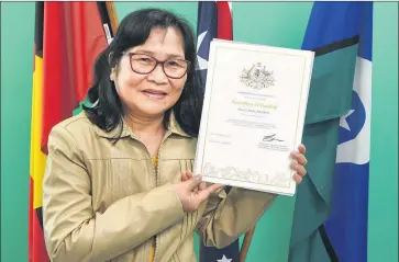  ??  ?? GRATEFUL: Goroke resident Rebecca Pilgrim is the first person to gain Australian citizenshi­p through a Horsham Centre for Participat­ion program. Picture: PAUL CARRACHER