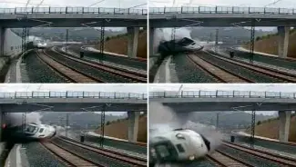  ?? AFP ?? A COMBINATIO­N of four grabs from a security video camera shows an Alvia model train derailing four kilometers from Santiago de Compostela, Spain, on July 24, killing at least 78 passengers and injuring more than 140, the country’s deadliest rail...