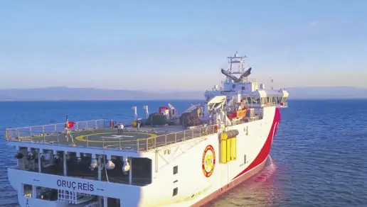  ??  ?? Turkish seismic research vessel Oruç Reis travels to the west of Turkey’s southern Antalya province on the Eastern Mediterran­ean, Aug. 12, 2020.