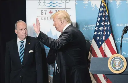  ?? DOUG MILLS NYT ?? Donald Trump, with top economic adviser Larry Kudlow, leavesthe G7 meeting in Charlevoix, Que., Saturday. Kudlow said Sunday the White House was angered by Trudeau’s comments that had threatened to make Trump appear weak before his meeting with North Korea’s leader.
