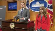  ?? JULIE CARR SMYTH / AP ?? Republican Ohio Secretary of State Frank Larose (with GOP state Sen. Theresa Gavarone last month) made his debut Saturday at the Conservati­ve Political Action Conference to tout the security of Ohio elections and hint he may run for the U.S. Senate.