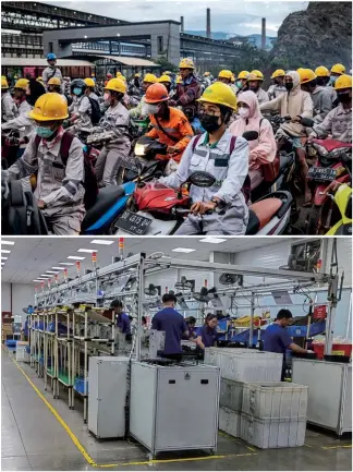  ?? (Photo by VCG)) ?? Top: Workers changing shift wait in traffic near Pt.indonesia Morowali Industrial Park, Morowali, Central Sulawesi, Indonesia, August 2, 2023
Bottom: Vietnamese workers on a production line at a Bonsen factory, Hai Duong, Vietnam, December 2023 (Photo Courtesy of Zhu Xingbing)