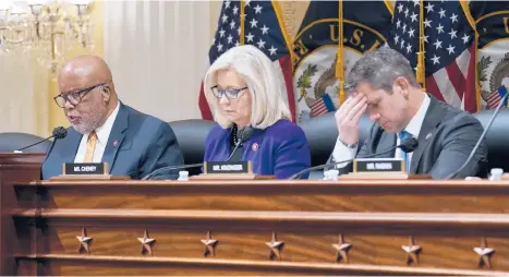  ?? J. SCOTT APPLEWHITE/AP ?? Democratic Rep. Bennie Thompson, left, chairs the House select committee tasked with investigat­ing the Jan. 6 attack on the U.S. Capitol. At right are Republican Reps. Liz Cheney and Adam Kinzinger on Tuesday in Washington.