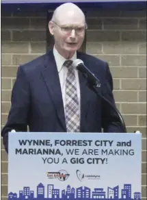  ?? Brodie Johnson • Times-Herald ?? Walter Hussman Jr., chairman of WEHCO Media, Inc., told people gathered at the Forrest City Civic Center Thursday afternoon that the company is increasing its Internet speed in this area. The upgrade is scheduled to begin next year and be completed in 2023.