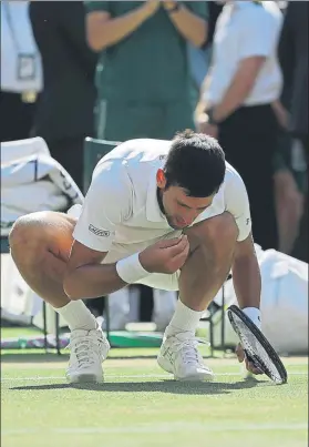  ?? FOTO: AP ?? Djokovic, comiendo hierba de la central. Su propia tradición cuando es campeón