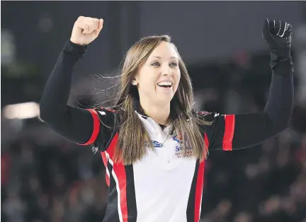  ?? SEAN KILPATRICK/THE CANADIAN PRESS ?? Ontario skip Rachel Homan celebrates after defeating Manitoba’s Michelle Englot 8-6 in Sunday’s gold medal match at the Scotties Tournament of Hearts in St. Catharines, Ont. The win followed losses to Englot in the round robin and a Page playoff game.