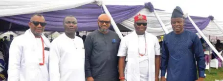  ?? AYO AJAYI ?? L-R: Webmaster and Head of Technical Services, ARISE NEWS Channel, Mr. Fred Ojeh; Group Executive Director, THISDAY Newspapers, Mr. Israel Iwegbu; a family friend, Mr. Nduka Omodon; Senior Associate Director, THISDAY Newspapers, Mr. Eric Ojeh; and a family friend, Mr. Fidelis Elema, at the final burial of the late Mrs. Ezinne Anna Ojeh, in Agbor, Delta State…weekend