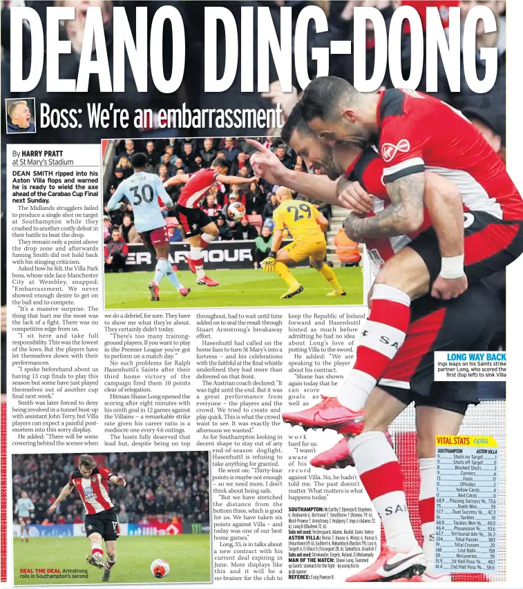  ??  ?? SEAL THE DEAL Armstrong rolls in Southampto­n’s second
LONG WAY BACK Ings leaps on his Saints strike partner Long, who scored the
first (top left) to sink Villa