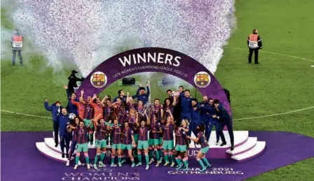  ?? AP ?? Rampaging victory: Barcelona wrapped up the biggest winning margin in a nal since the Women’s Champions League era began 20 years ago.