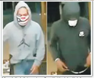  ??  ?? Police are looking for the two men in surveillan­ce video (above) who robbed a Bronx smoke shopp at gunpoint twice in recent days. The owner says her young daughter was terrified during both attacks.