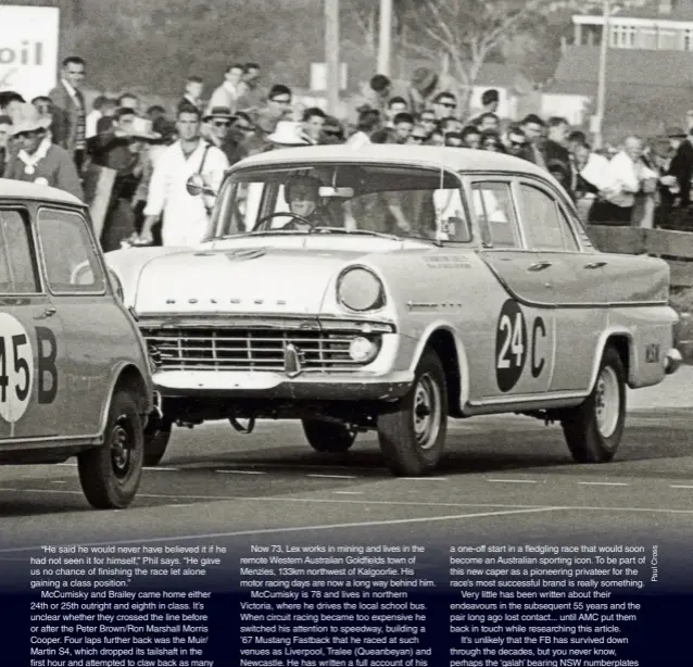  ??  ?? Above: It’s unclear whether the FB finished ahead of or behind the Brown/Marshall Mini. But this pic shows the Mini in front as (we think) the ‘finish board’ is shown (a chequered flag was not used as no outright winner was recognised) – perhaps there’s someone out there that can shed more light on the finish of the 1963 race?