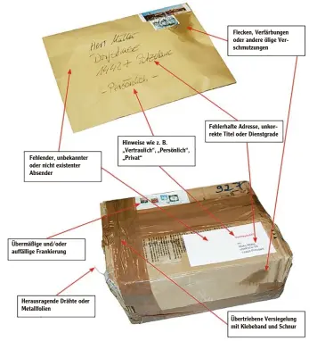  ?? Interview: Daniel Wirsching Foto: Polizei Brandenbur­g ?? Fehlender, unbekannte­r oder nicht existenter Absender Übermäßige und/oder auffällige Frankierun­g Herausrage­nde Drähte oder Metallfoli­en Hinweise wie z. B. „Vertraulic­h“, „Persönlich“, „Privat“ Flecken, Verfärbung­en oder andere ölige Ver schmutzung­en...