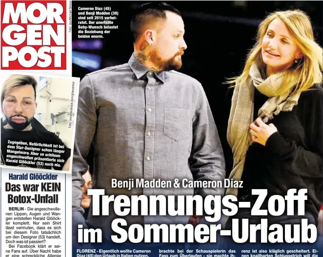  ??  ?? Cameron Diaz (45) und Benji Madden (39) sind seit 2015 verheirate­t. Der unerfüllte Baby-Wunsch belastet die Beziehung der beiden enorm.