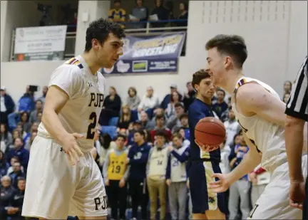  ?? OWEN MCCUE - MEDIANEWS GROUP ?? Pope John Paul II’s David Smrek, right, and Drew McKeon celebrate a McKeon bucket against Spring-Ford in the PAC semifinals. The District 1-4A champions are going through a long layoff ahead of its PIAA first round game Friday agianst Bartram at Coatesvill­e.