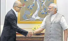  ?? PTI ?? Microsoft CEO Satya Nadella (left) with Prime Minister Narendra Modi during a meeting, in New Delhi on Tuesday
