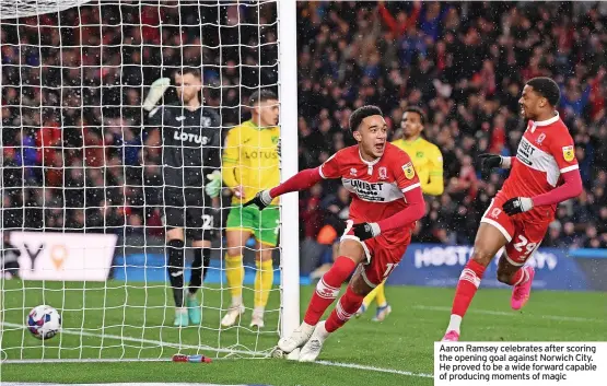  ?? ?? Aaron Ramsey celebrates after scoring the opening goal against Norwich City. He proved to be a wide forward capable of producing moments of magic