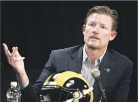  ?? Al Seib Los Angeles Times ?? RAMS GENERAL MANAGER Les Snead talks about rookie Coach Sean McVay during a news conference Jan. 13. McVay is the youngest coach in NFL history.